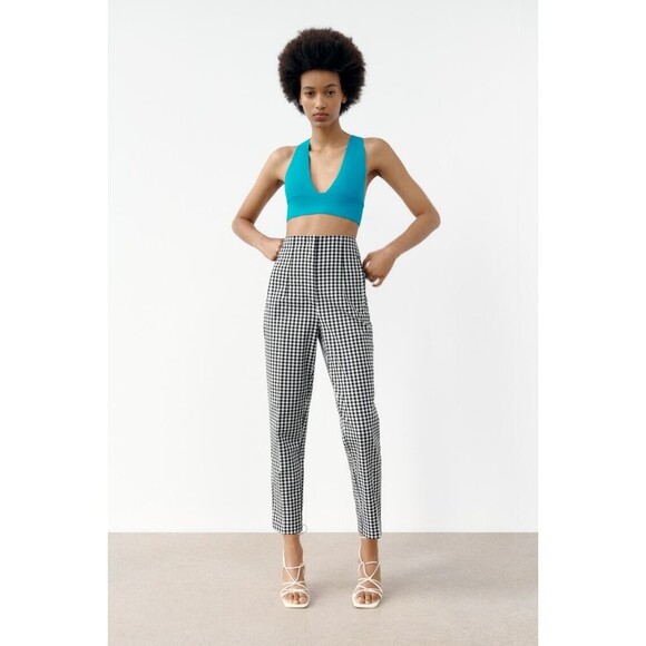 Gingham Print Zara High Waist Cropped Trouser Pants (NWT) - Picture 1 of 11
